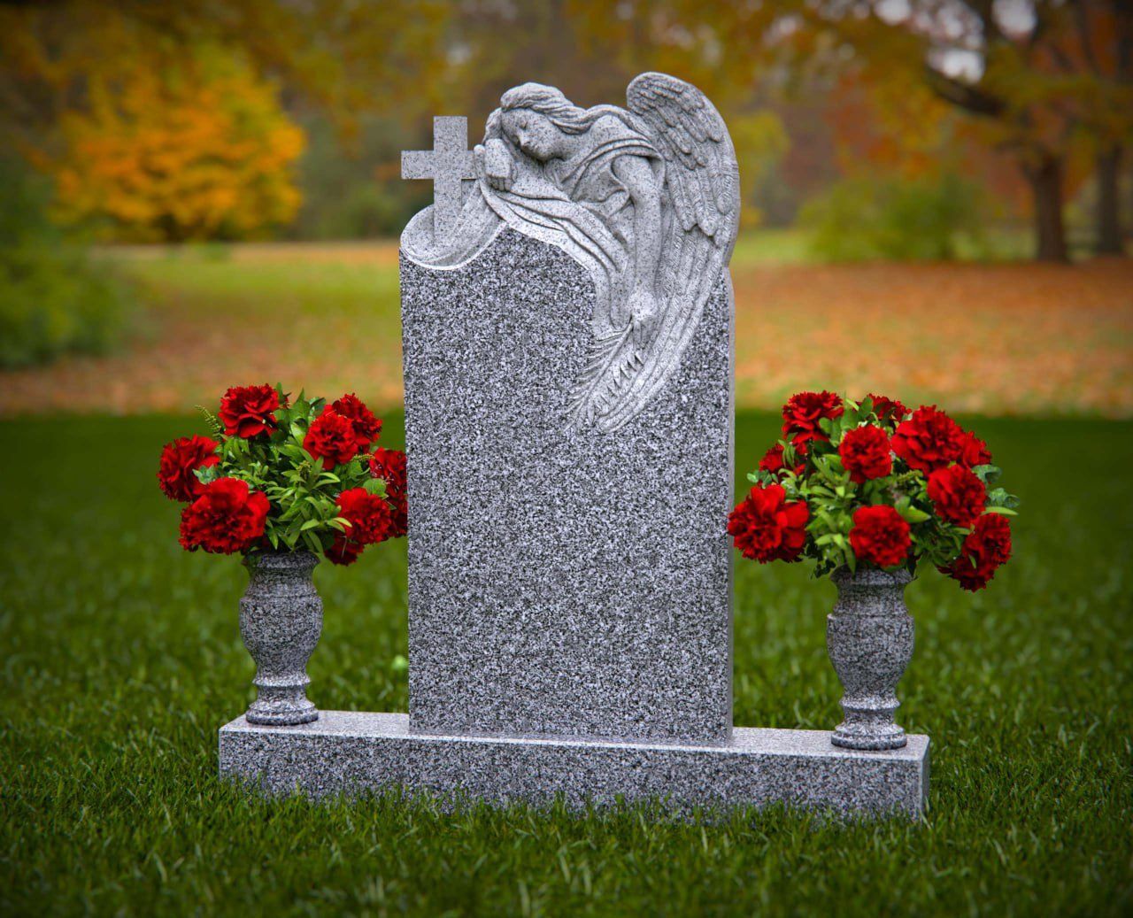 Carved Angel Upright Headstone with Cross