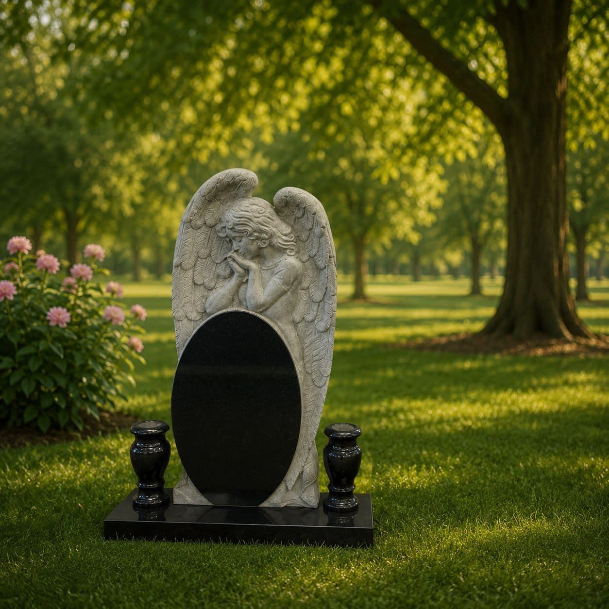 Praying Angel Oval Granite Headstone