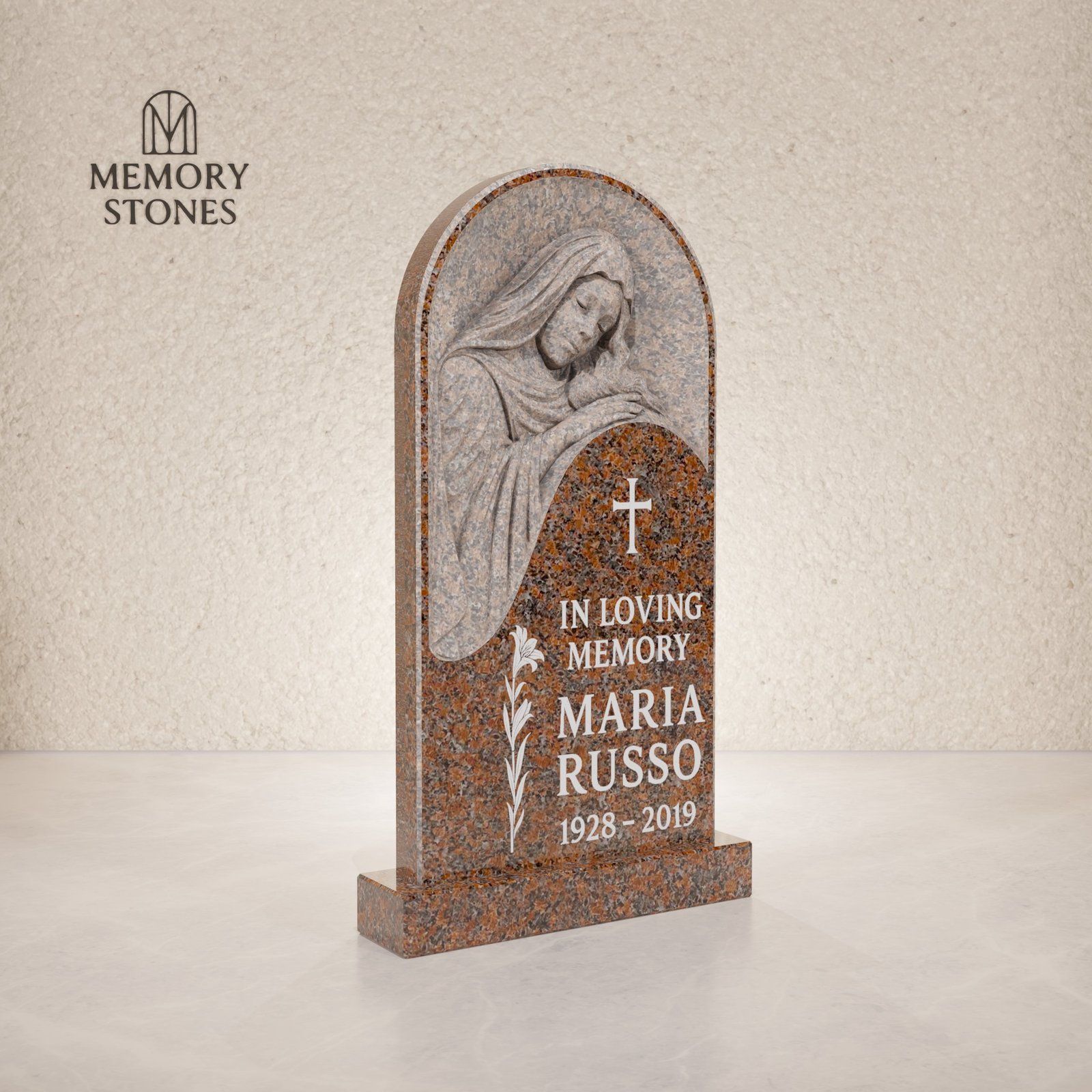 Madonna-Style Relief Upright Headstone