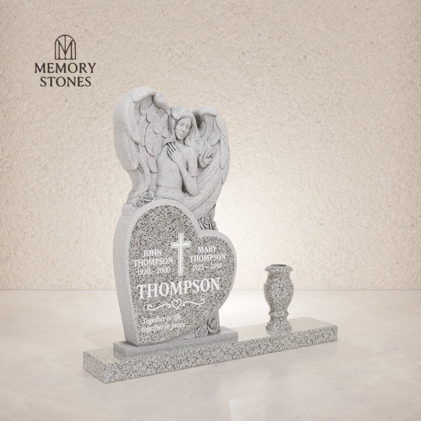 Guardian Angel Heart-Shaped Companion Granite Headstone