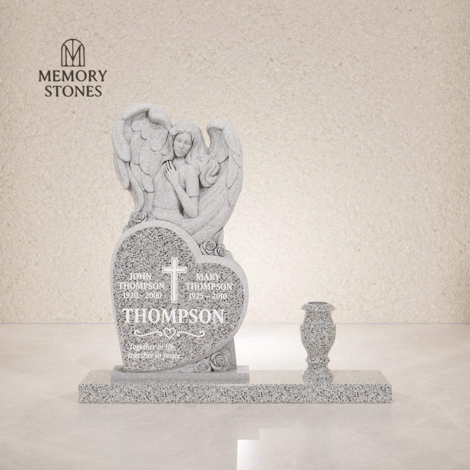 Guardian Angel Heart-Shaped Companion Granite Headstone view 2