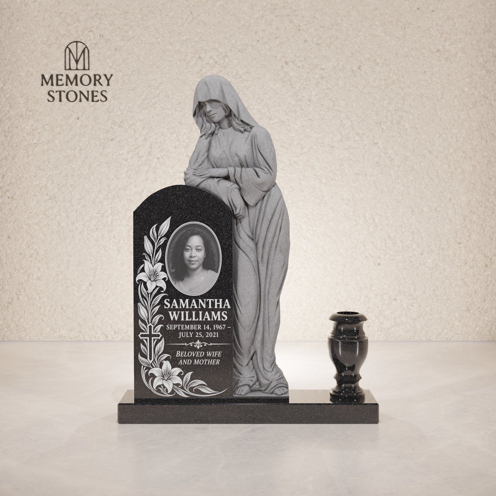 Sculpted Woman Shape Granite Headstone view 2