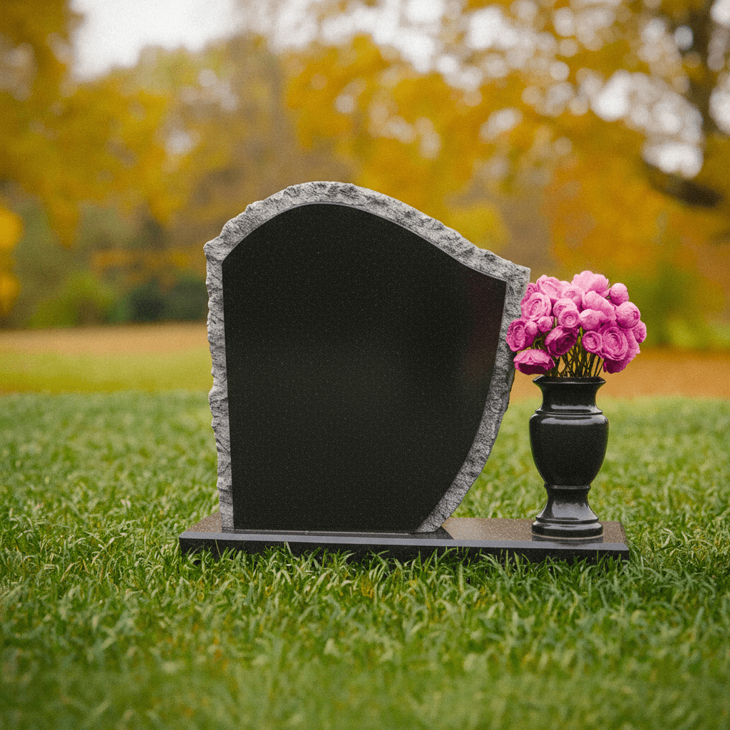 Rock-Edge Curved Upright Headstone with Vase