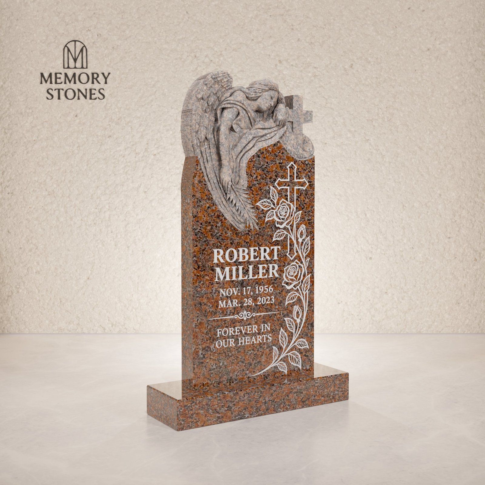 Angel and Cross Shape Granite Headstone