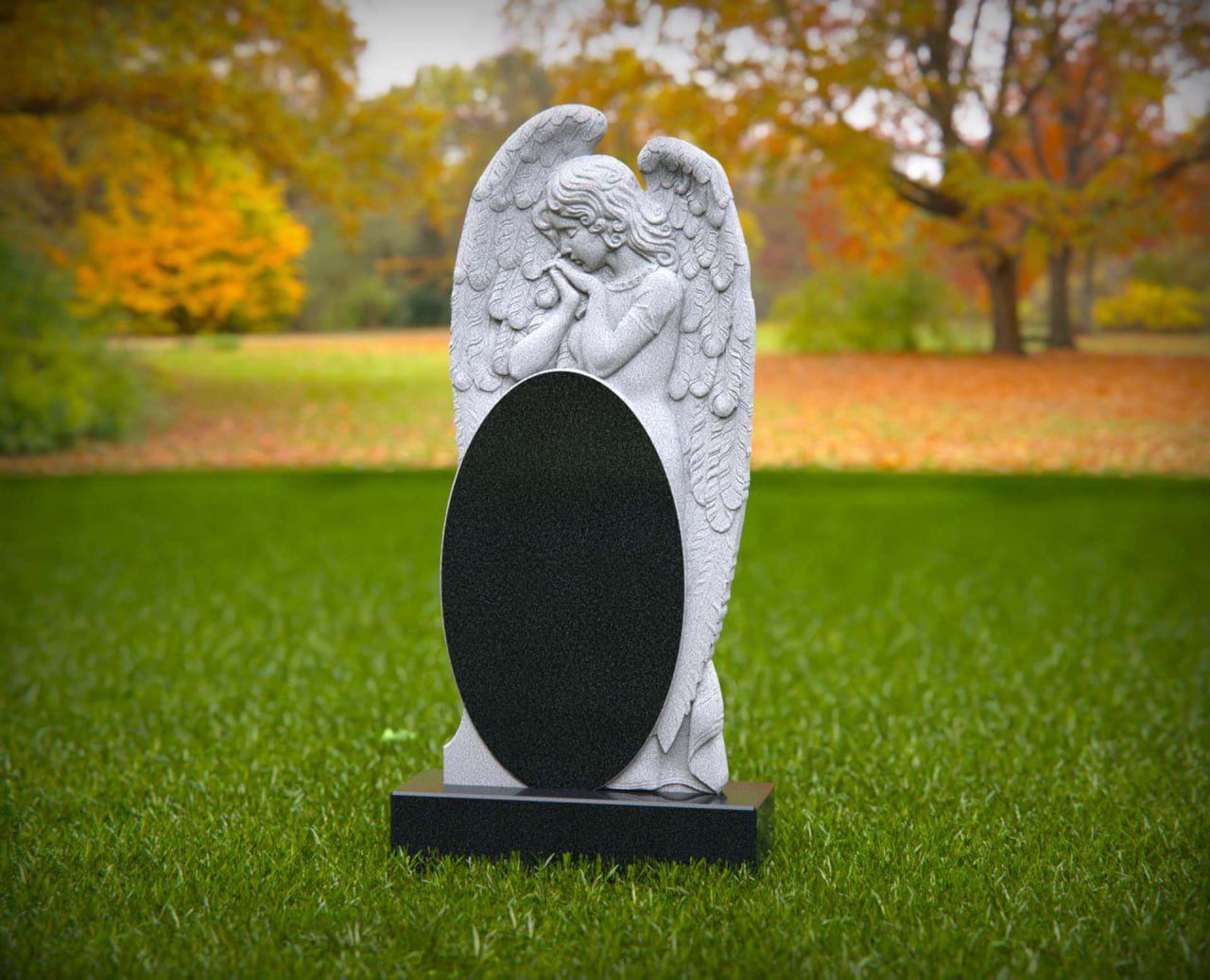 Praying Angel Oval Granite Headstone