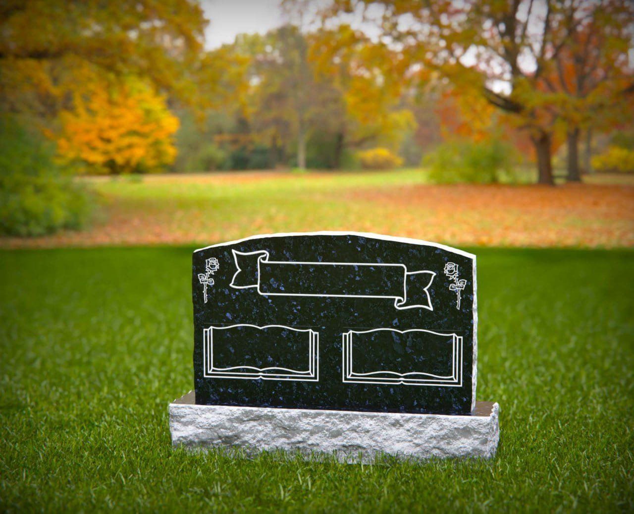 Serpentine Companion Headstone with Book and Rose Engraving