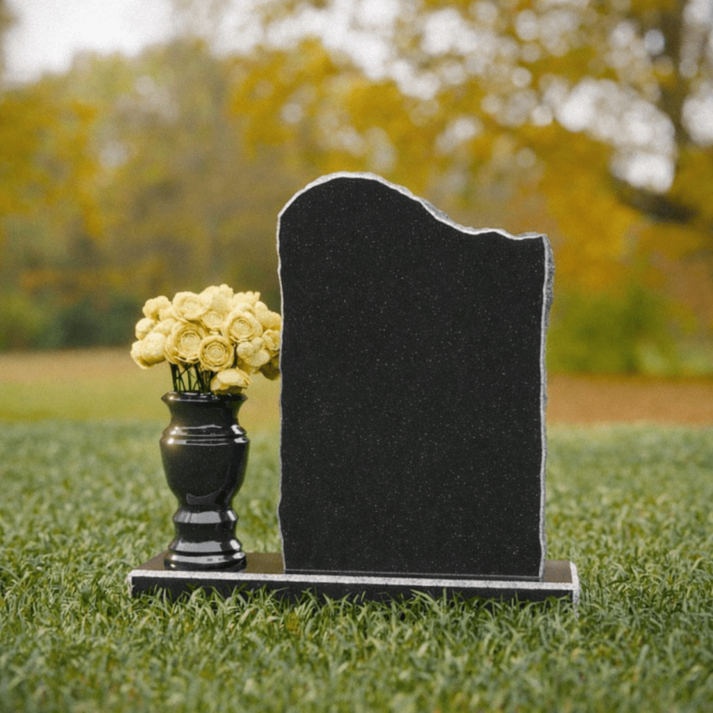 Rock-Edge Upright Granite Headstone with Vase