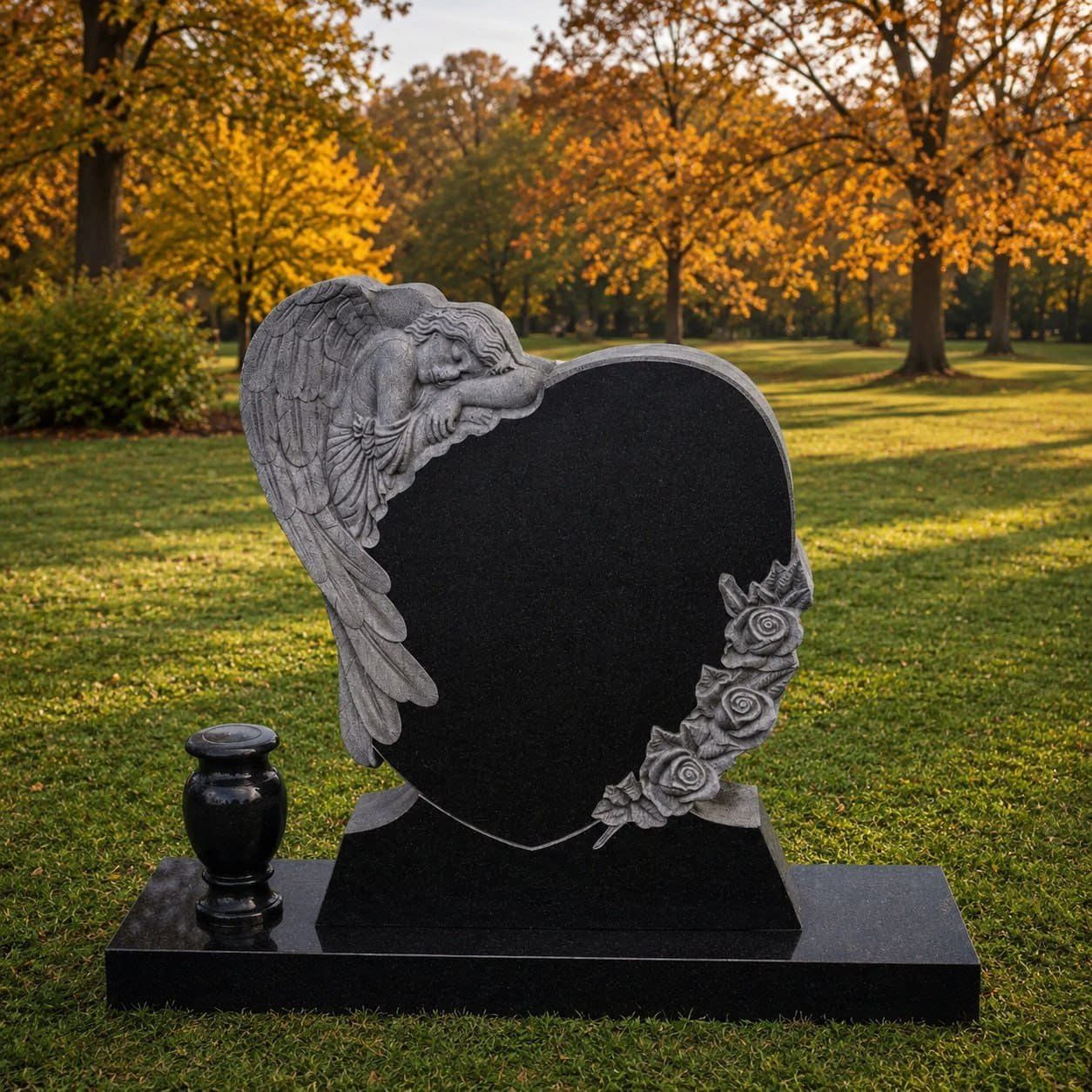Angel Embrace Heart Upright Granite Headstone with Vase