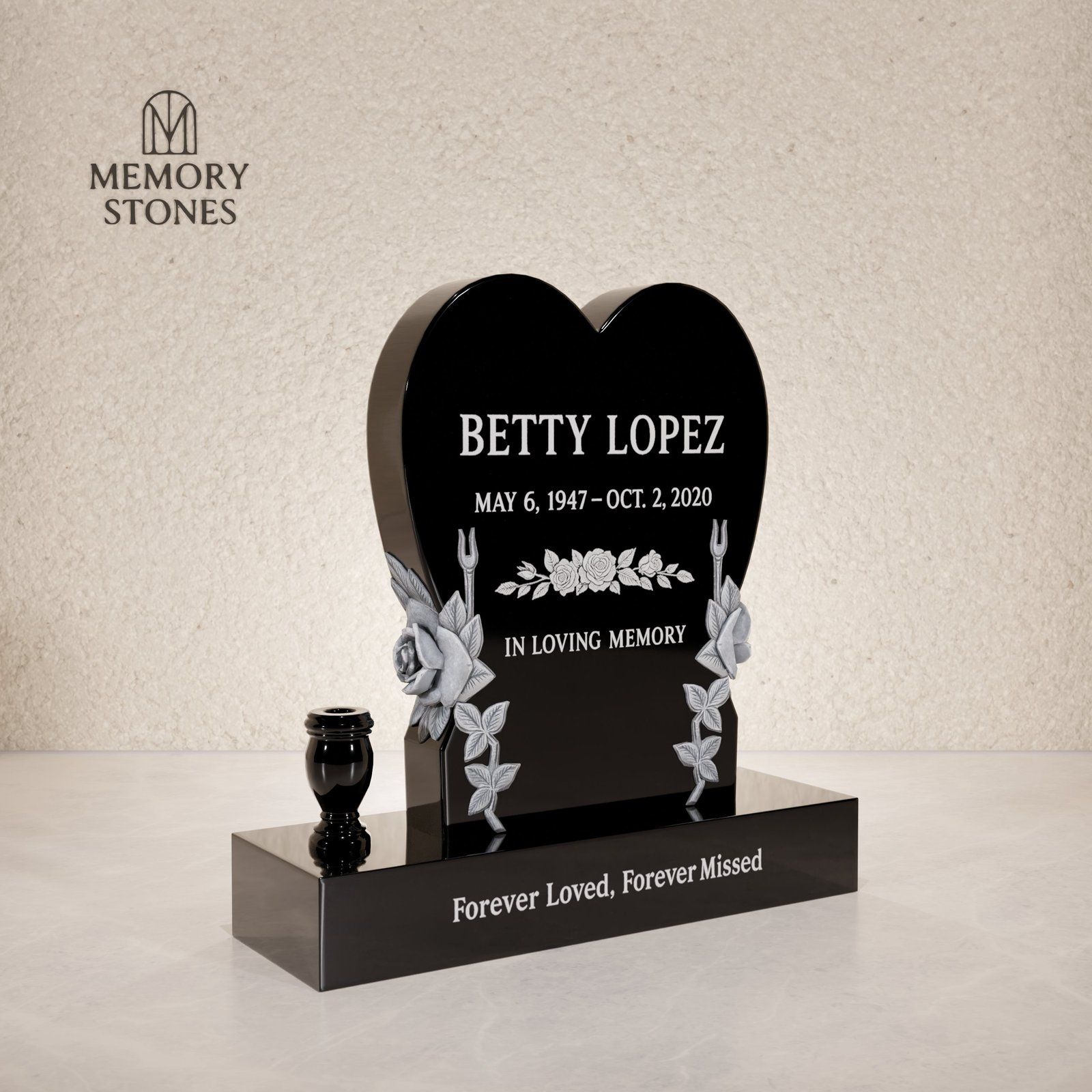Heart-Shaped Granite Headstone with Sculpted Roses