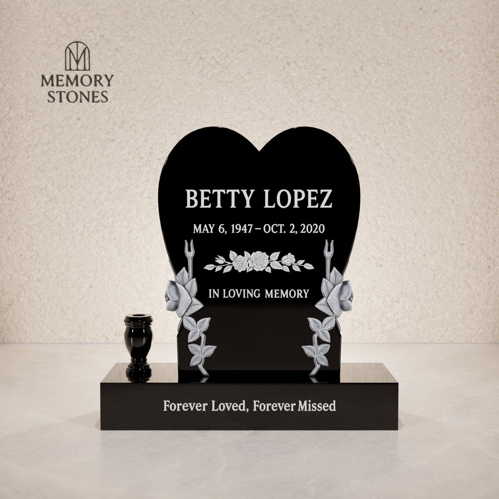 Heart-Shaped Granite Headstone with Sculpted Roses view 2
