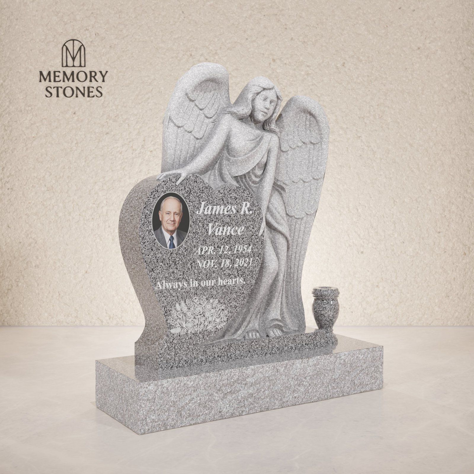 Guardian Angel Heart-Shaped Granite Headstone
