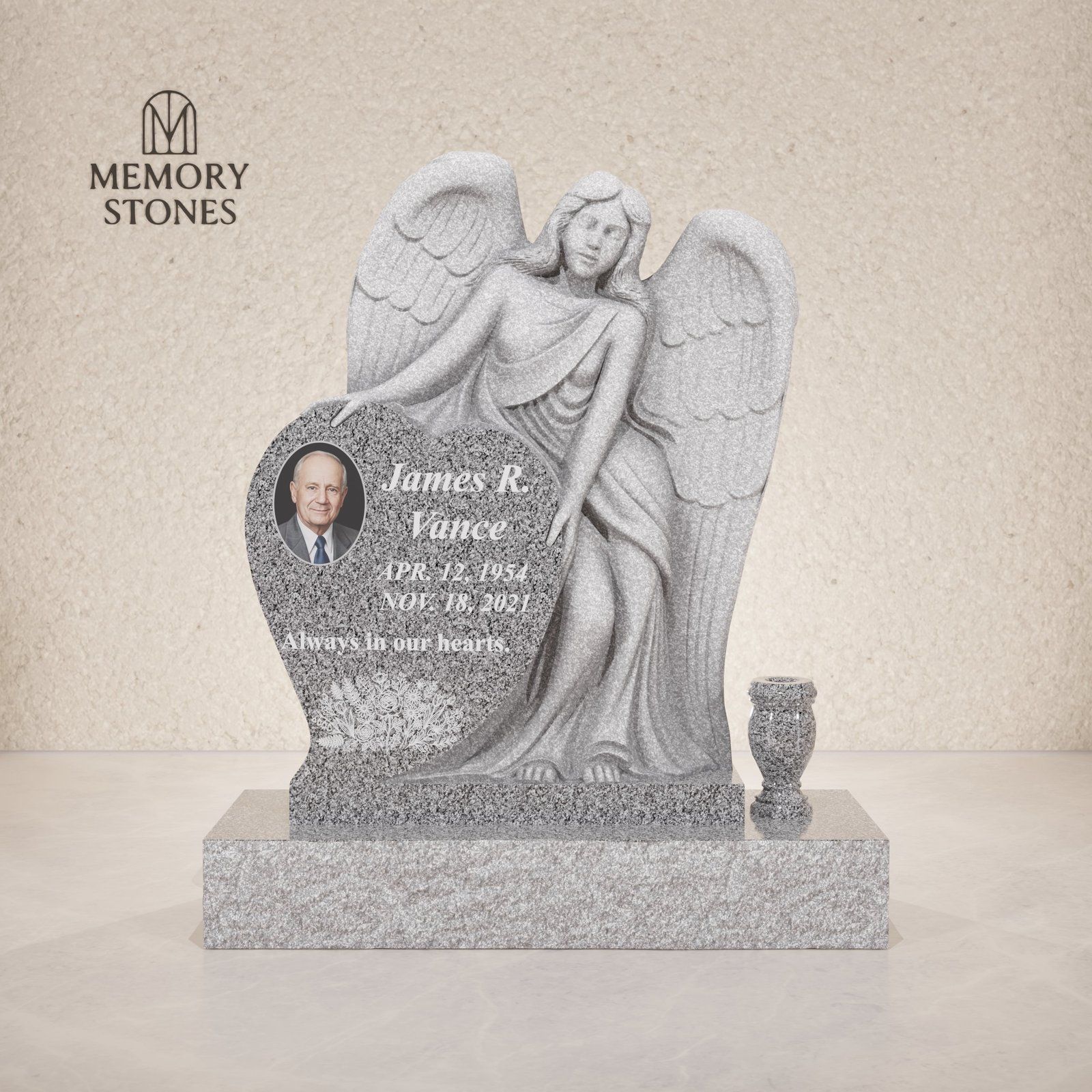 Guardian Angel Heart-Shaped Granite Headstone view 2