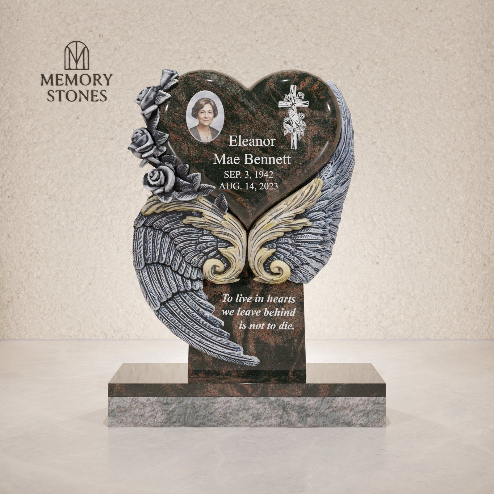 Heavenly Heart and Wings Granite Headstone view 2
