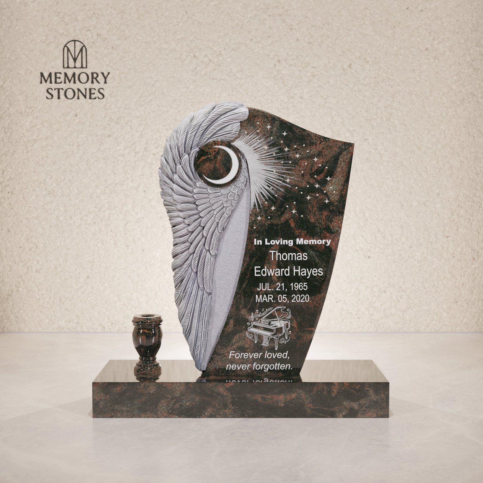 Celestial Angel Wing Shaped Granite Headstone view 2