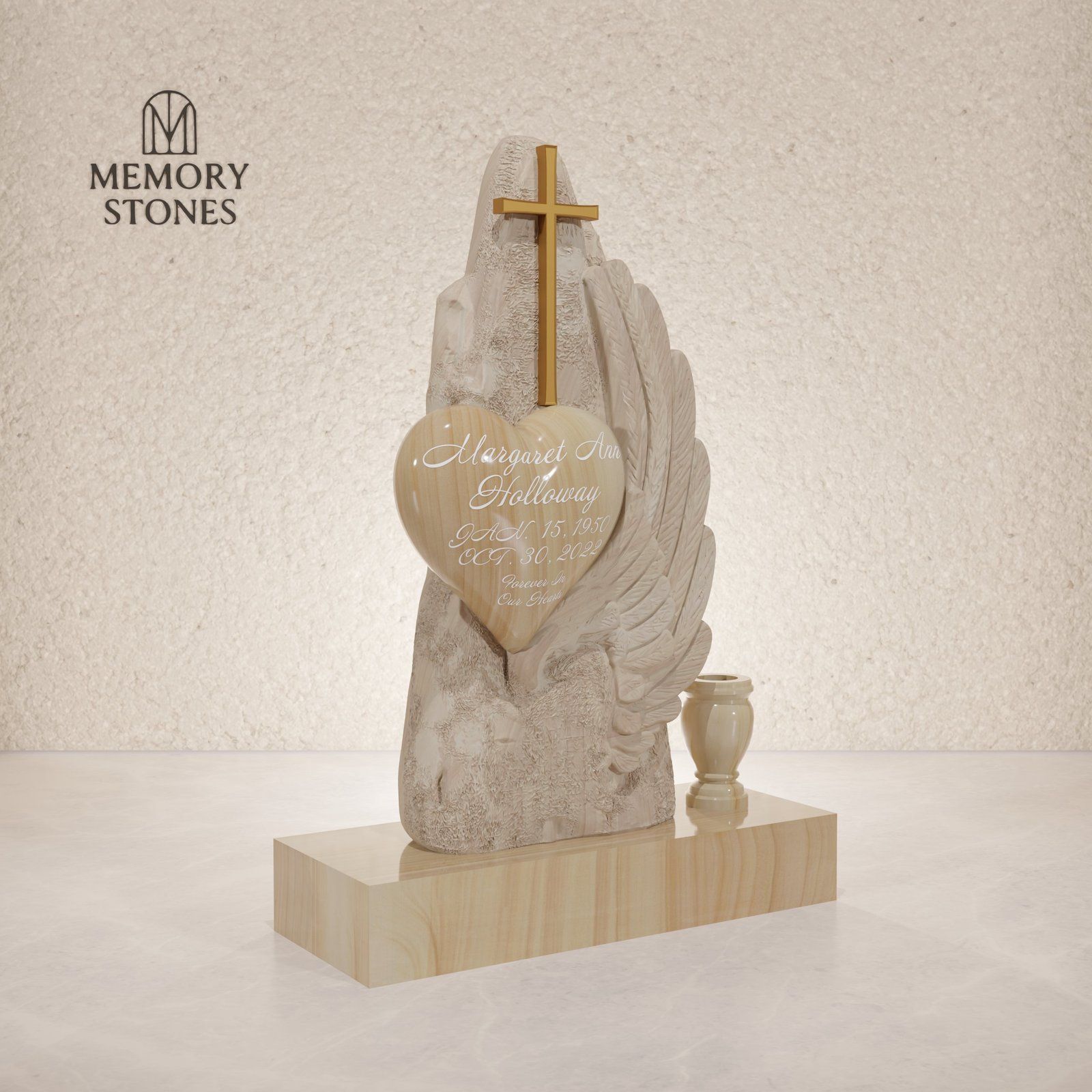 Cross Heart Angel Wing Granite Headstone