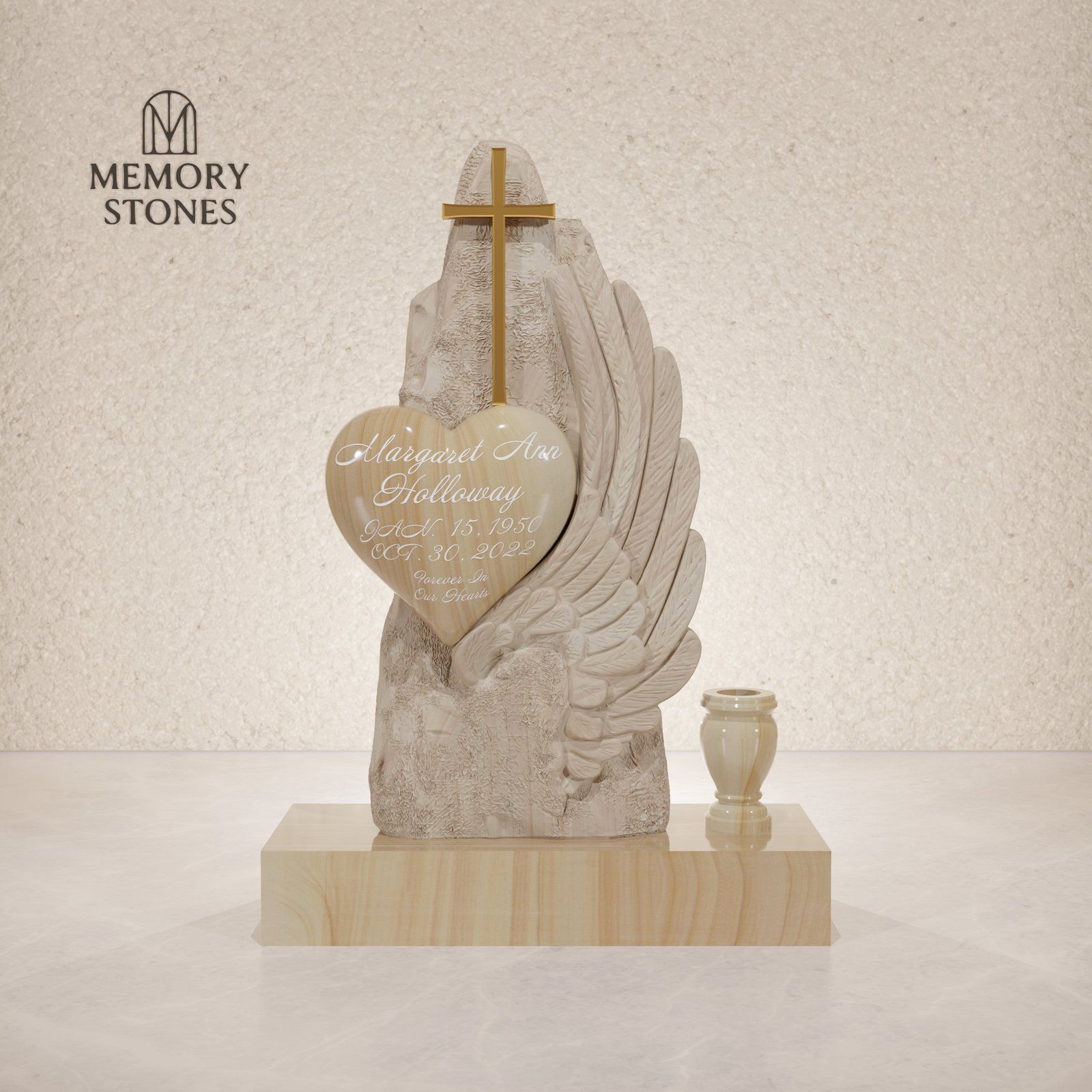 Cross Heart Angel Wing Granite Headstone view 2