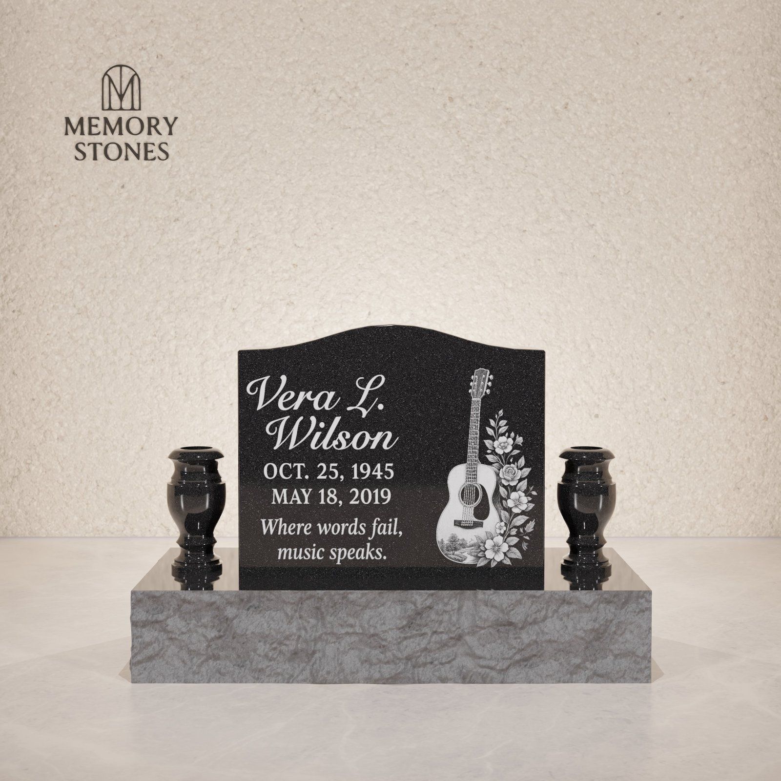 Serpentine Upright Headstone with Vases view 2