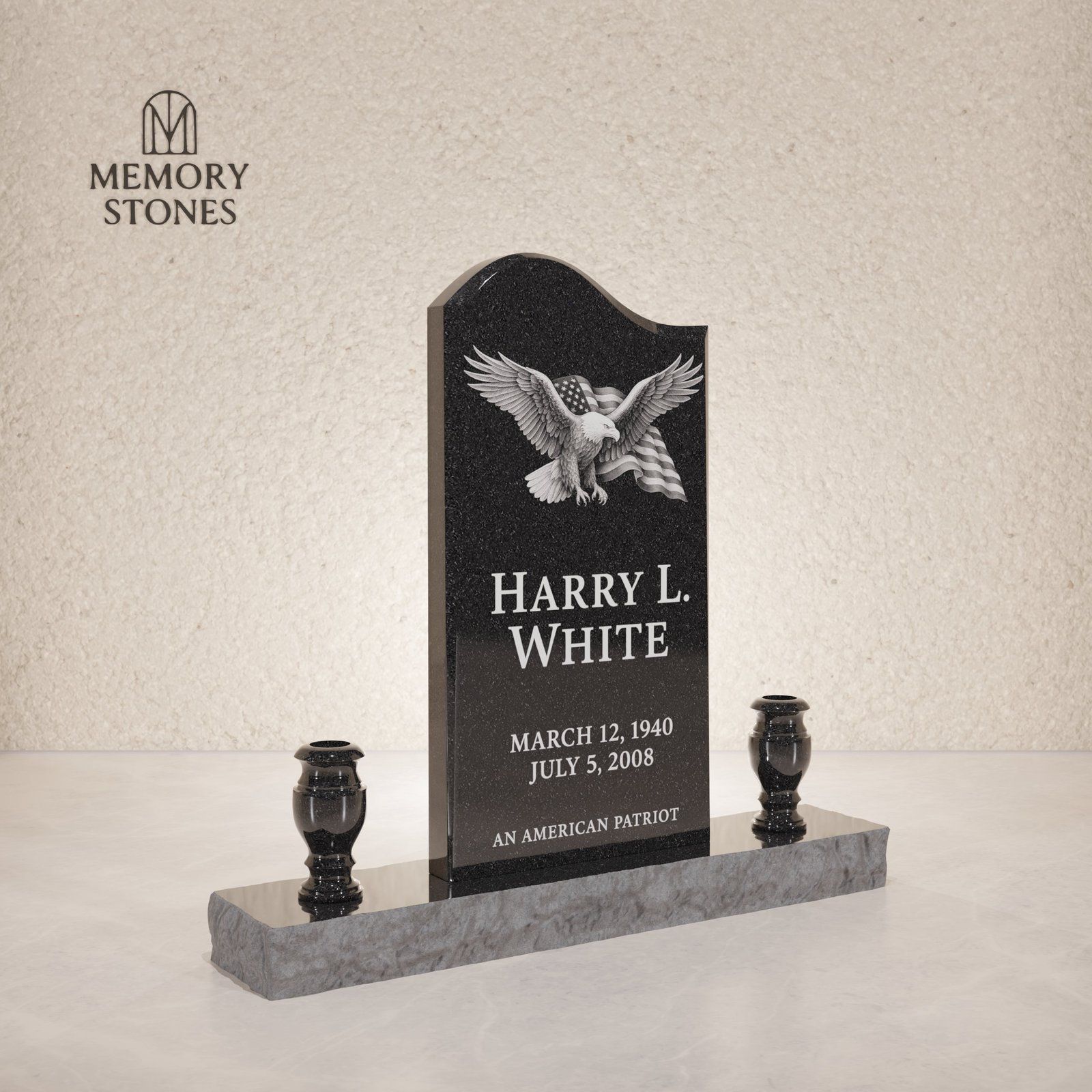 Upright Granite Headstone with Vases