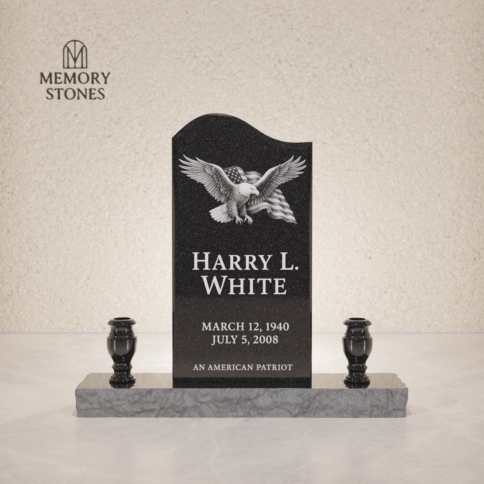 Upright Granite Headstone with Vases view 2