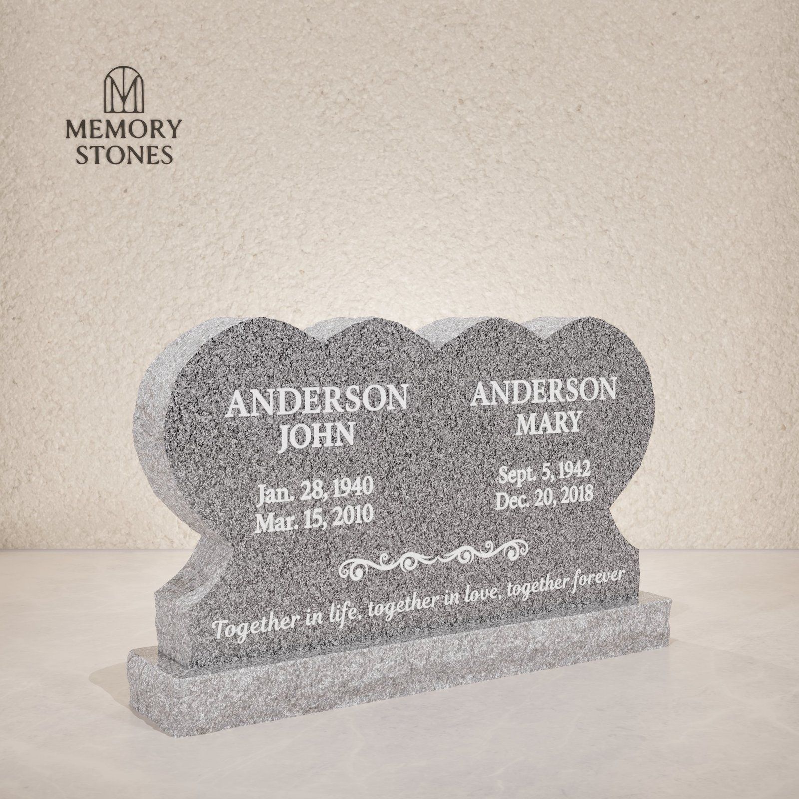 Double Heart Companion Granite Headstone 42 x 6 x 28