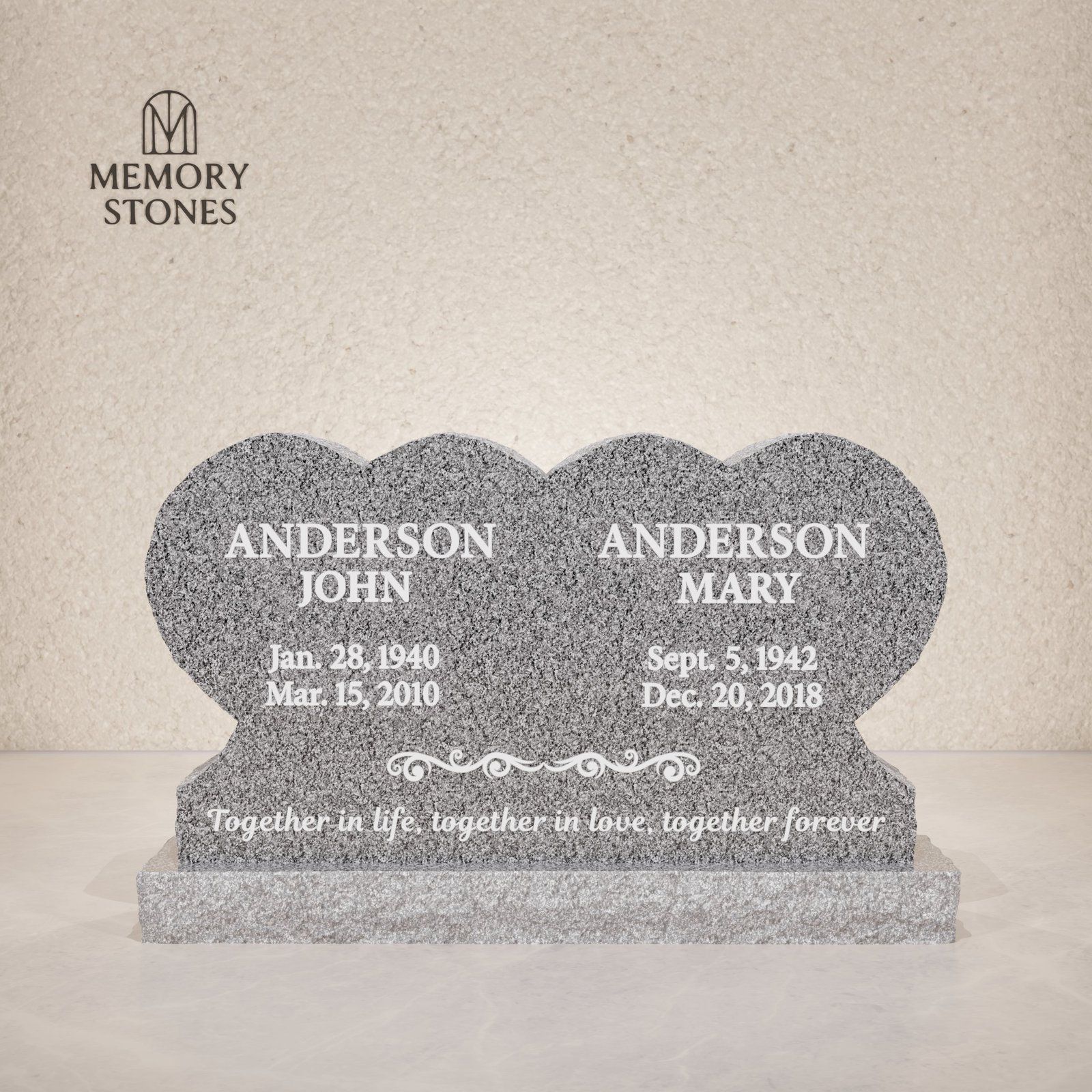 Double Heart Companion Granite Headstone 42 x 6 x 28 view 2