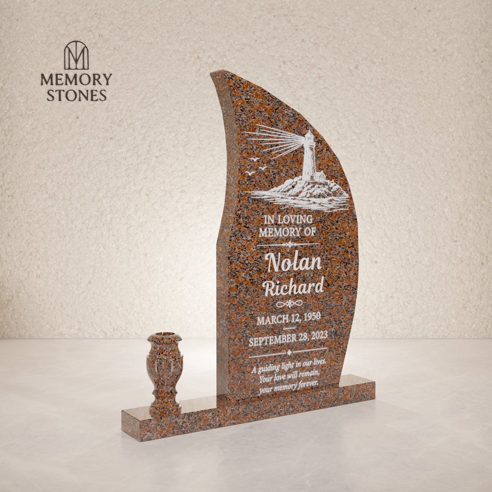 Modern Wave-Curve Upright Granite Headstone with Vase