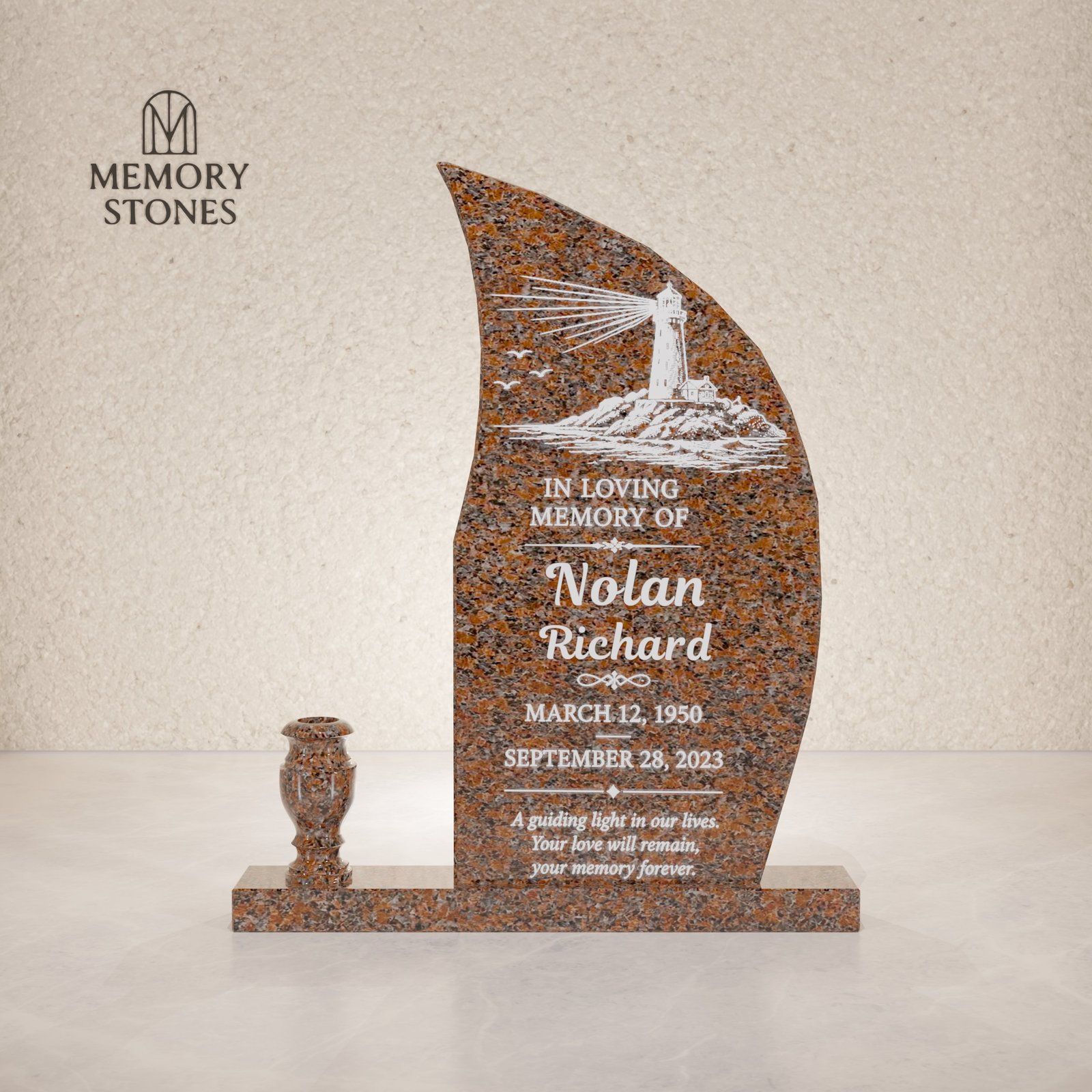 Modern Wave-Curve Upright Granite Headstone with Vase view 2
