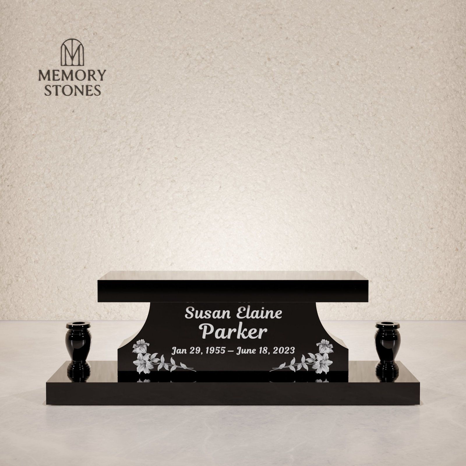 Granite Memorial Bench with Base & Vases view 2