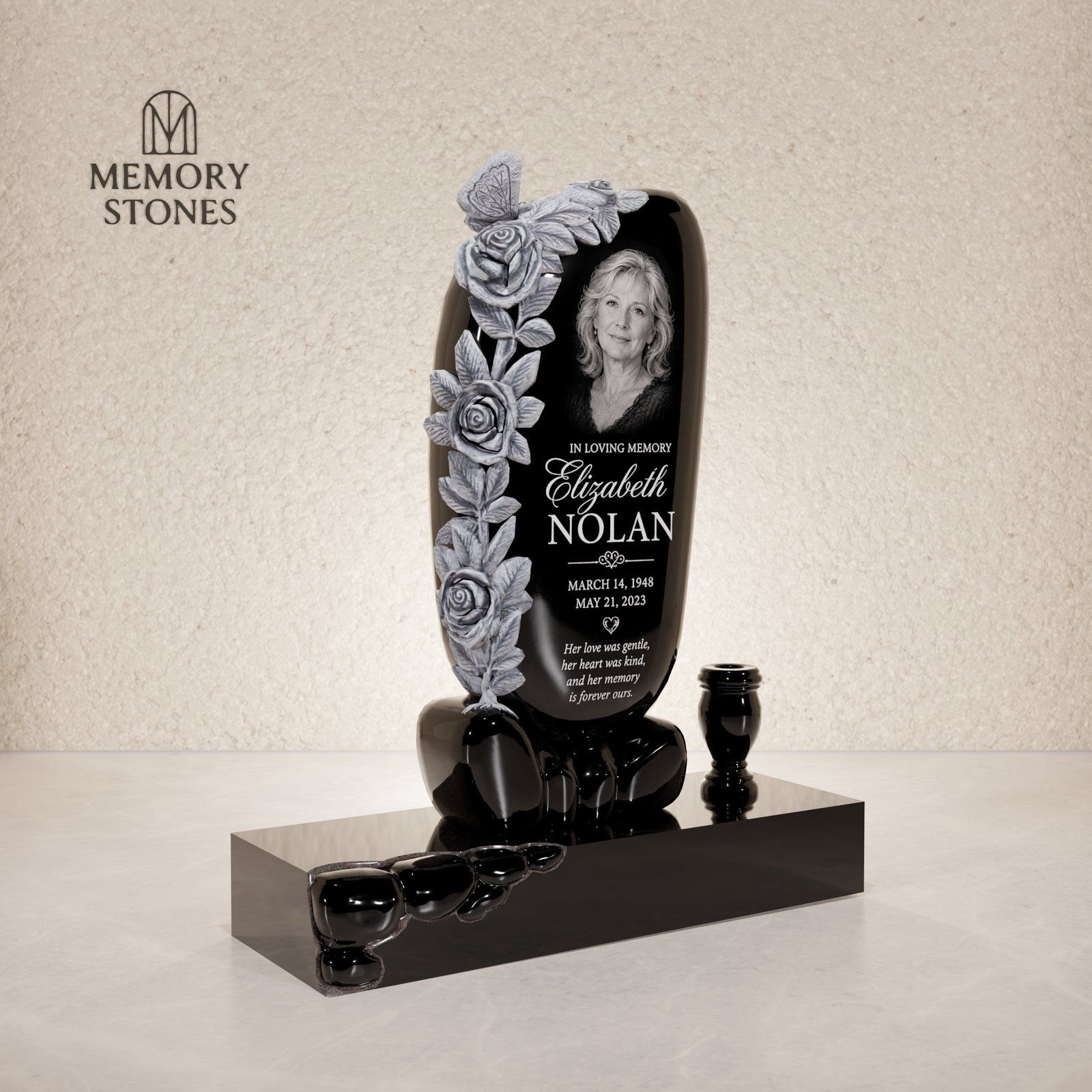 Shaped Granite Headstone with Carved Roses  & Butterfly