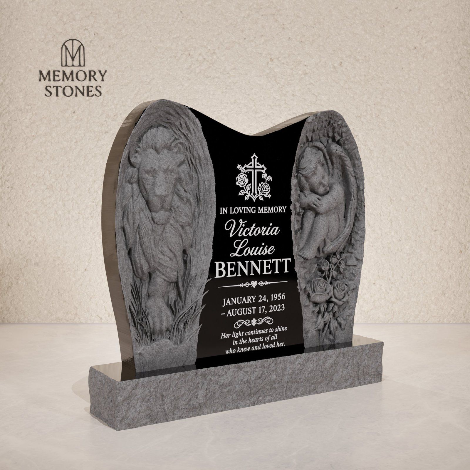Guardian Lion and Angel Shaped Granite Headstone