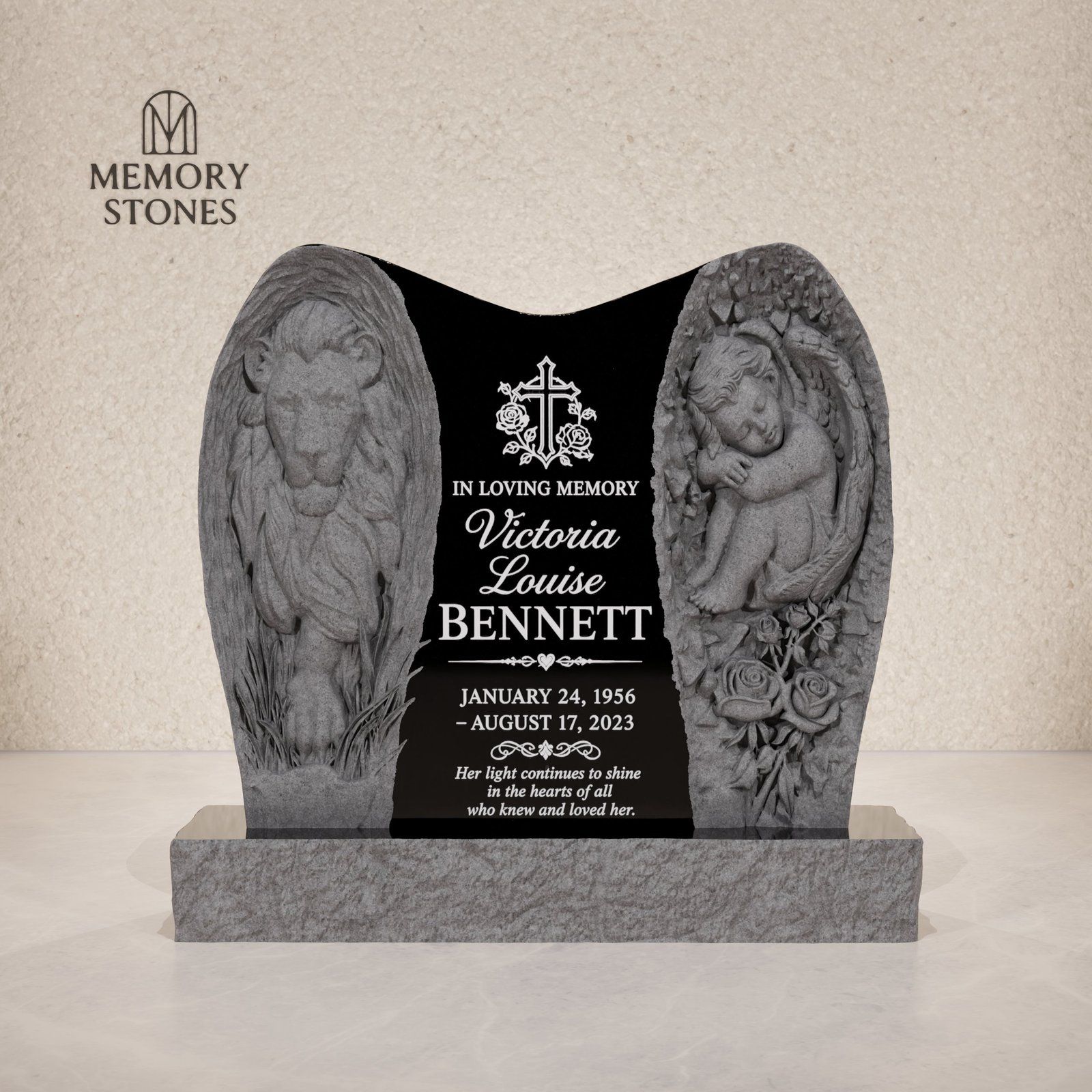 Guardian Lion and Angel Shaped Granite Headstone view 2