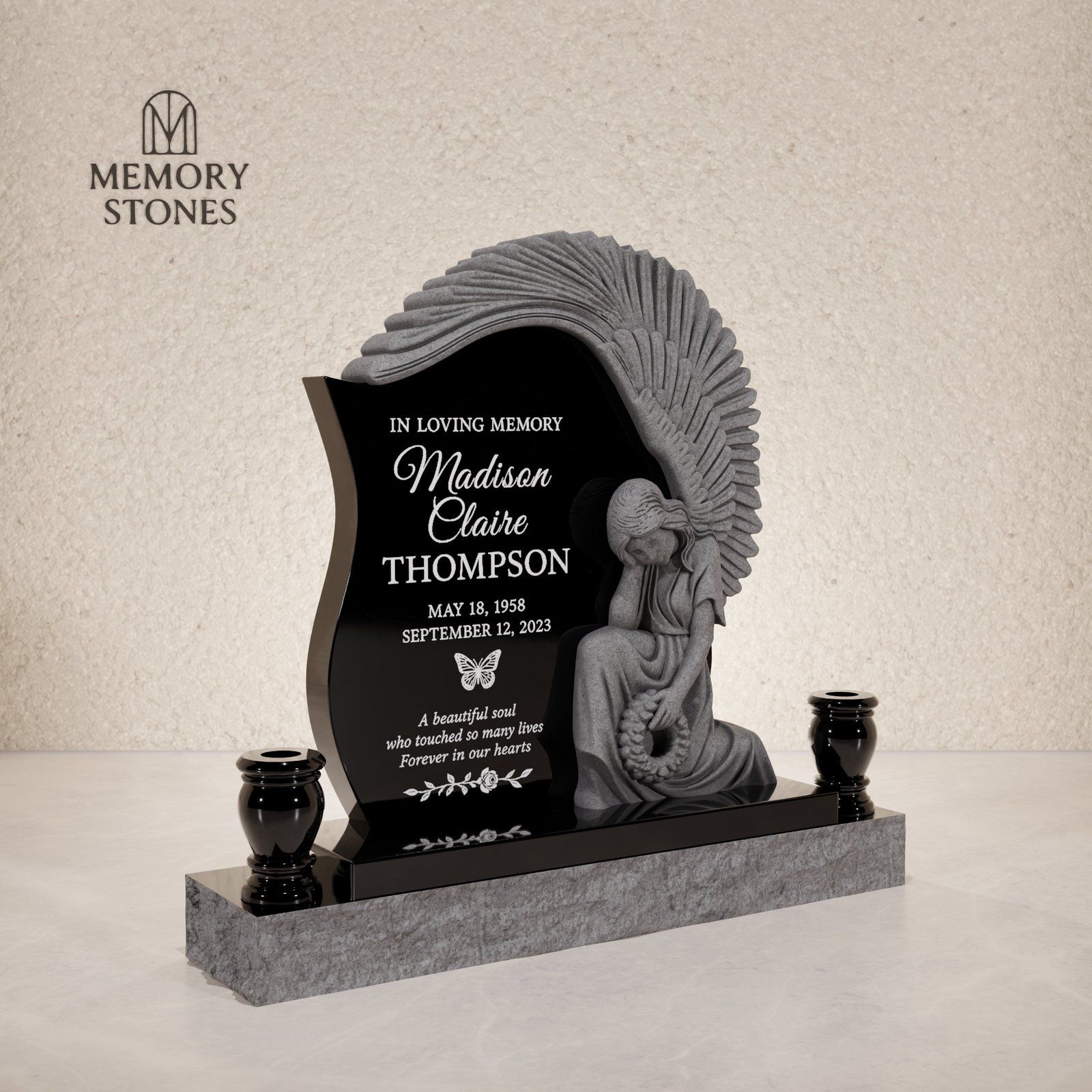 Mourning Angel Shaped Granite Headstone