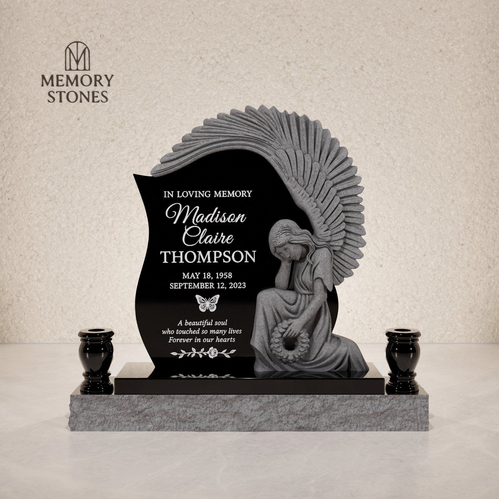 Mourning Angel Shaped Granite Headstone view 2