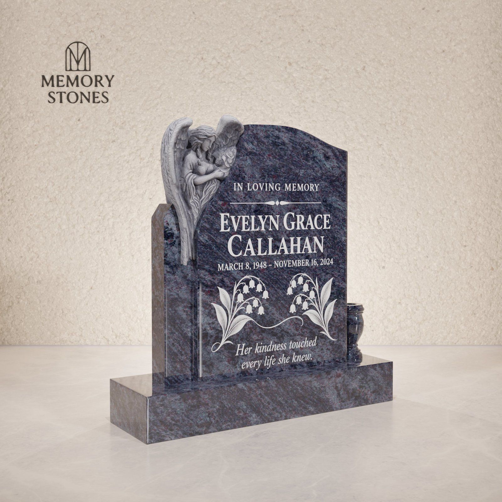 Angel Corner Upright Granite Headstone