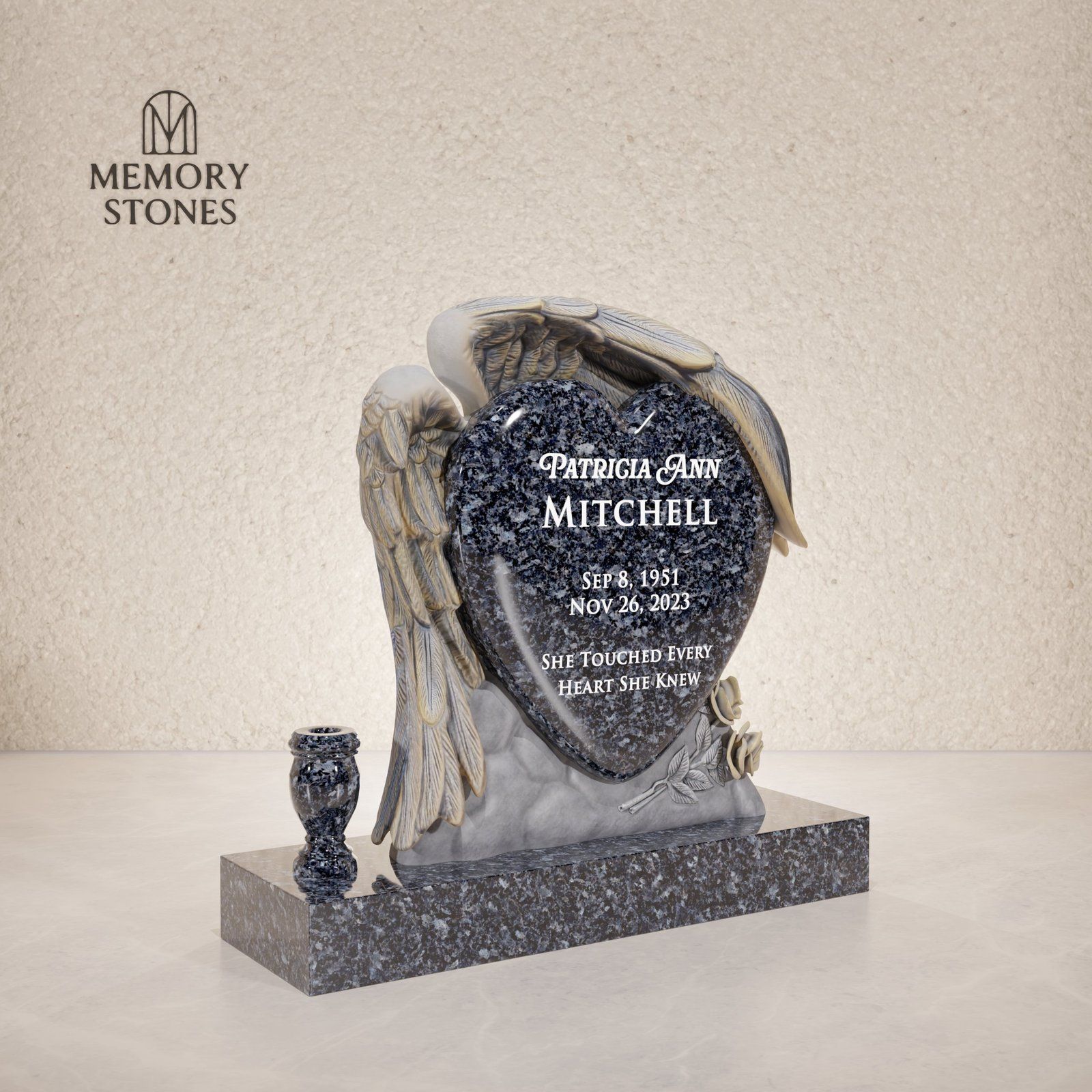 Angel Wings Heart Headstone with Rose Detail