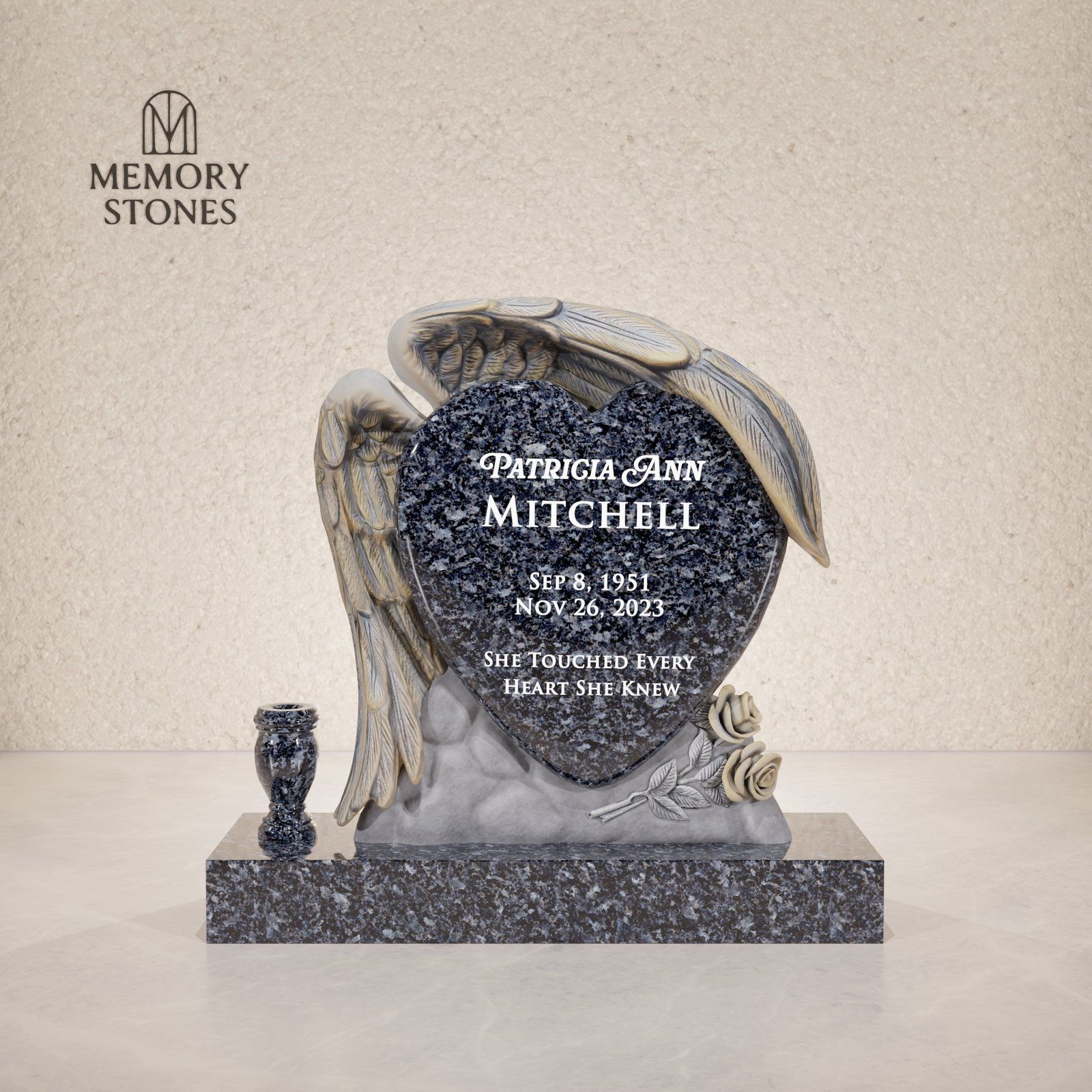 Angel Wings Heart Headstone with Rose Detail view 2