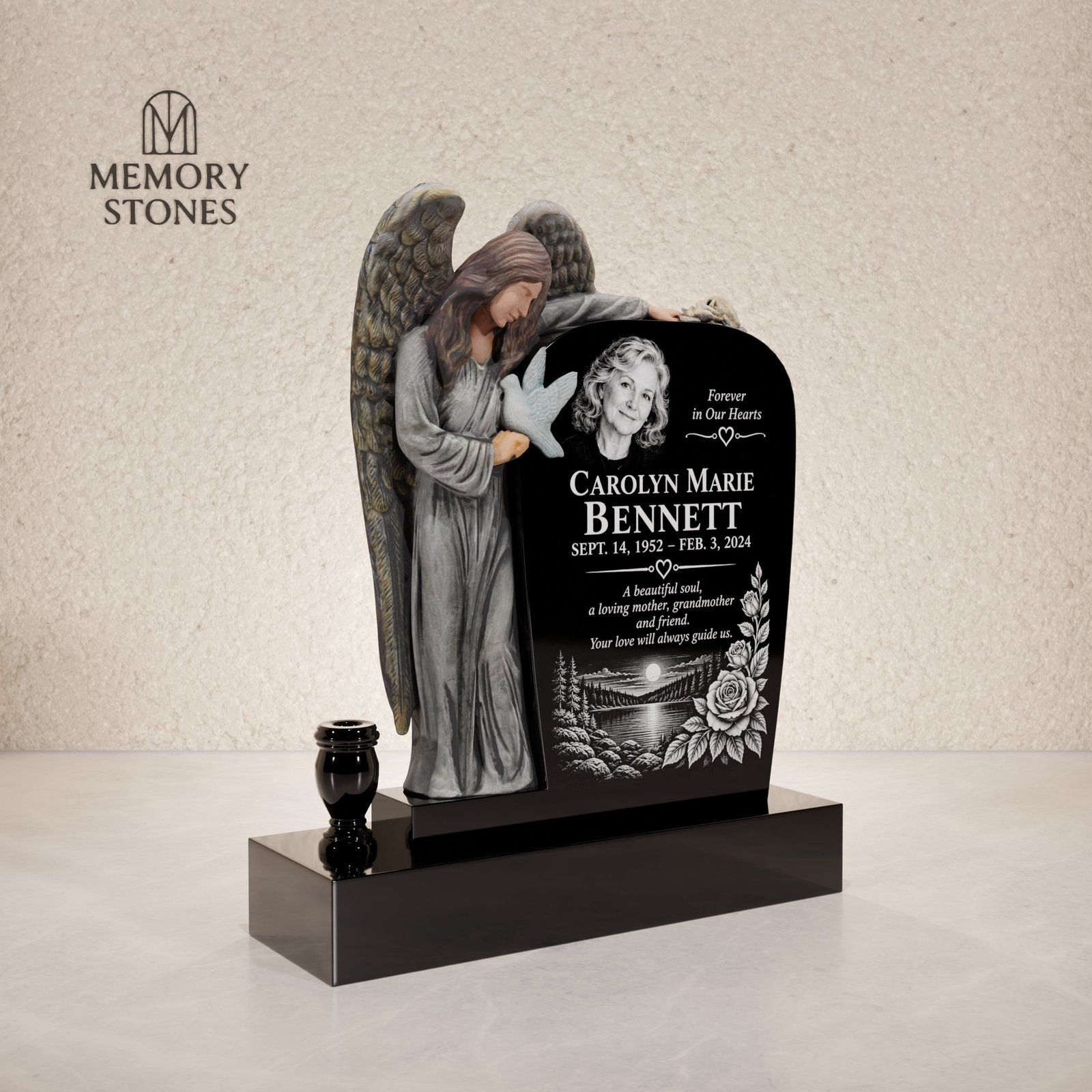 Guardian Angel and Dove Shaped Granite Headstone