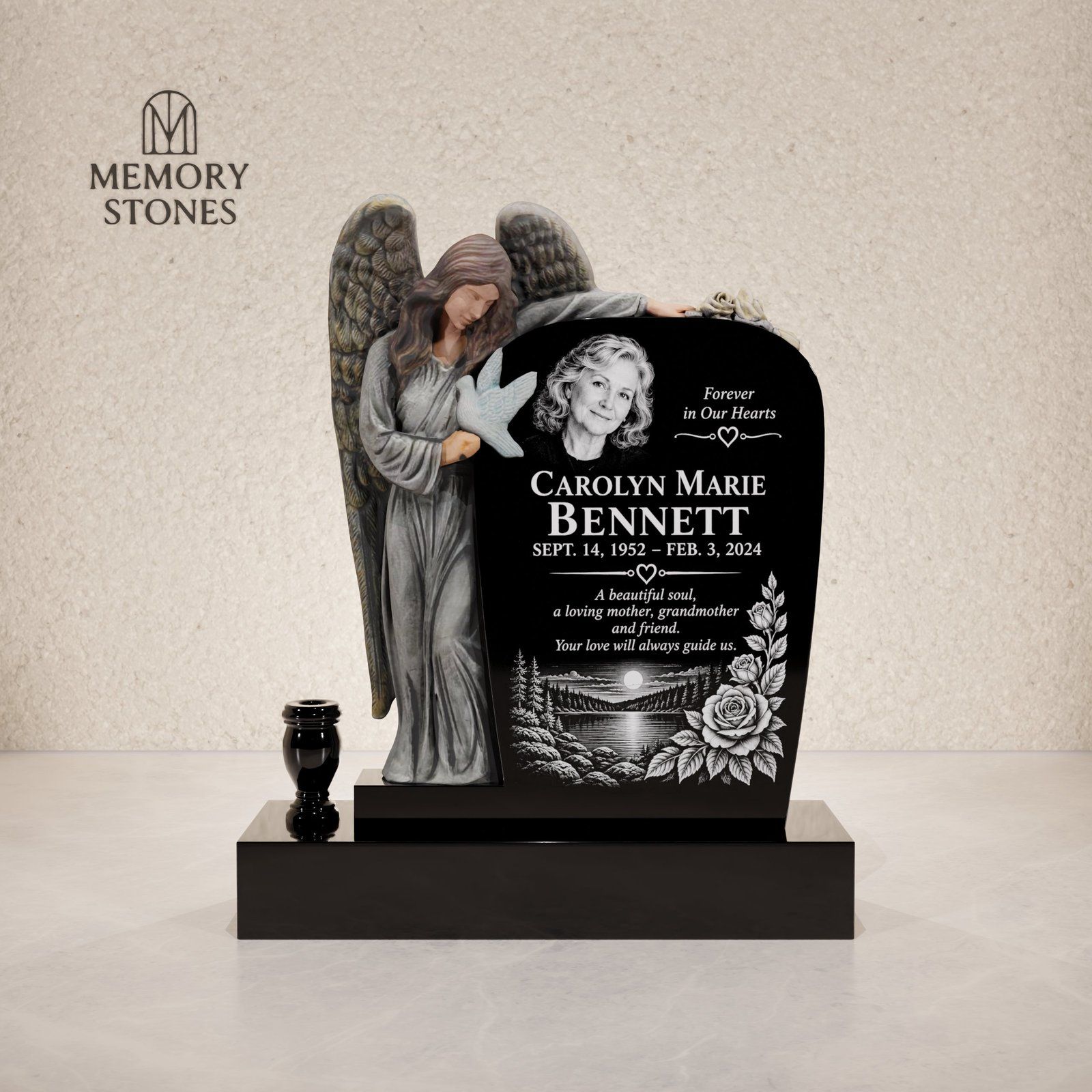 Guardian Angel and Dove Shaped Granite Headstone view 2