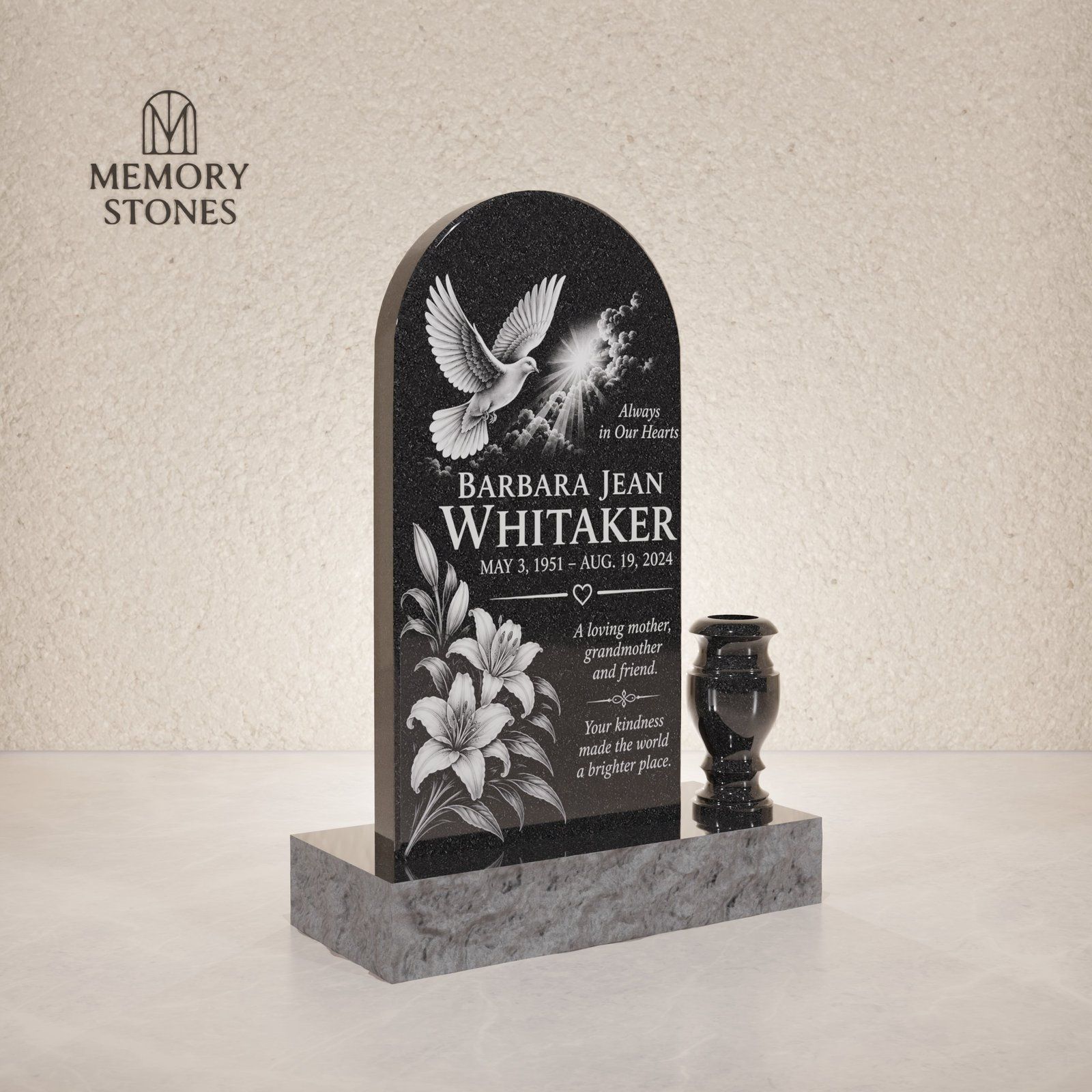 Arched Upright Granite Headstone with Vase