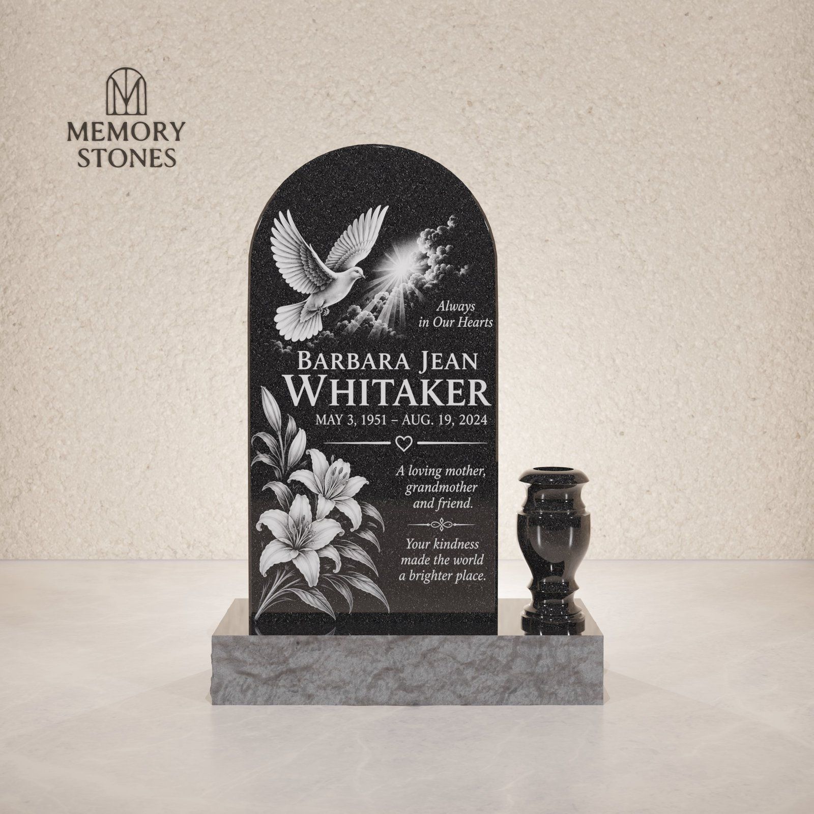 Arched Upright Granite Headstone with Vase view 2