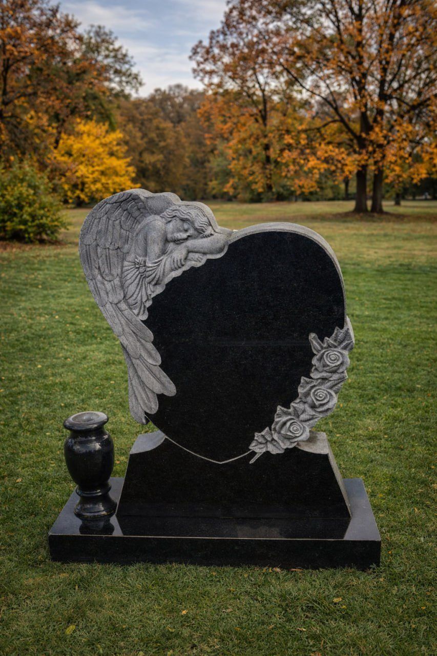 Angel Embrace Heart Upright Granite Headstone with Vase