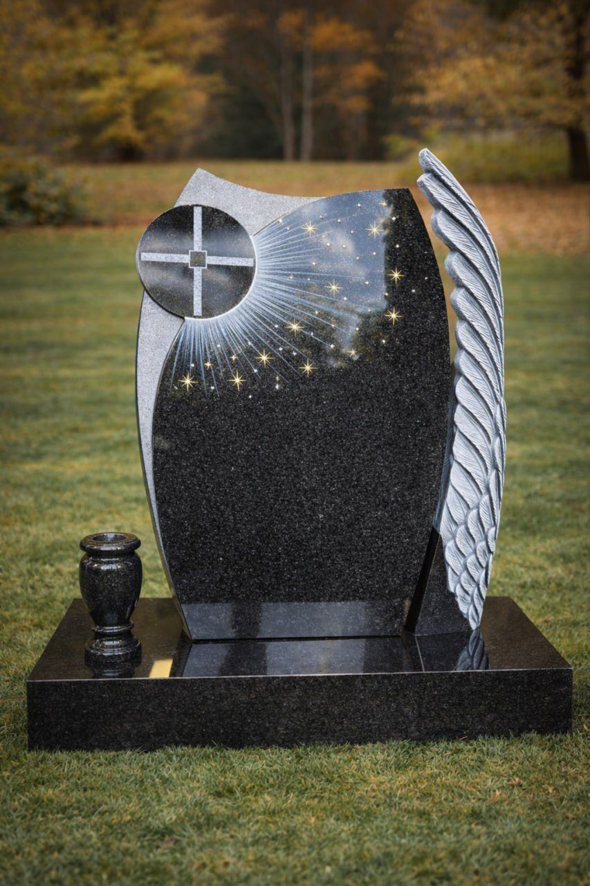 Angel Wing Cross Granite Headstone