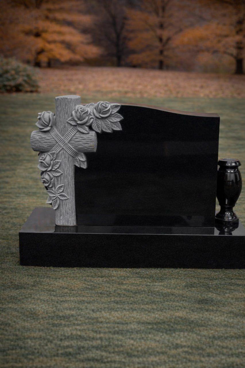 Granite Upright Headstone with Cross and Roses