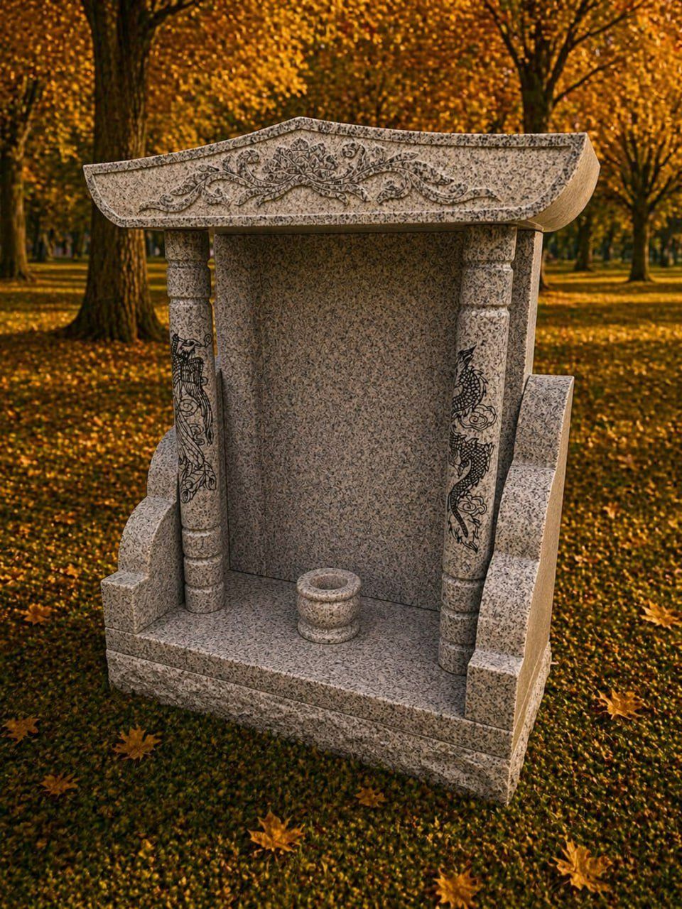 Asian Shrine Memorial with Carved Pagoda Roof