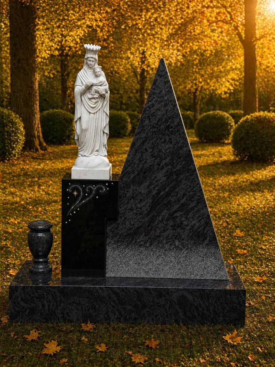Modern Upright Headstone with Madonna Statue