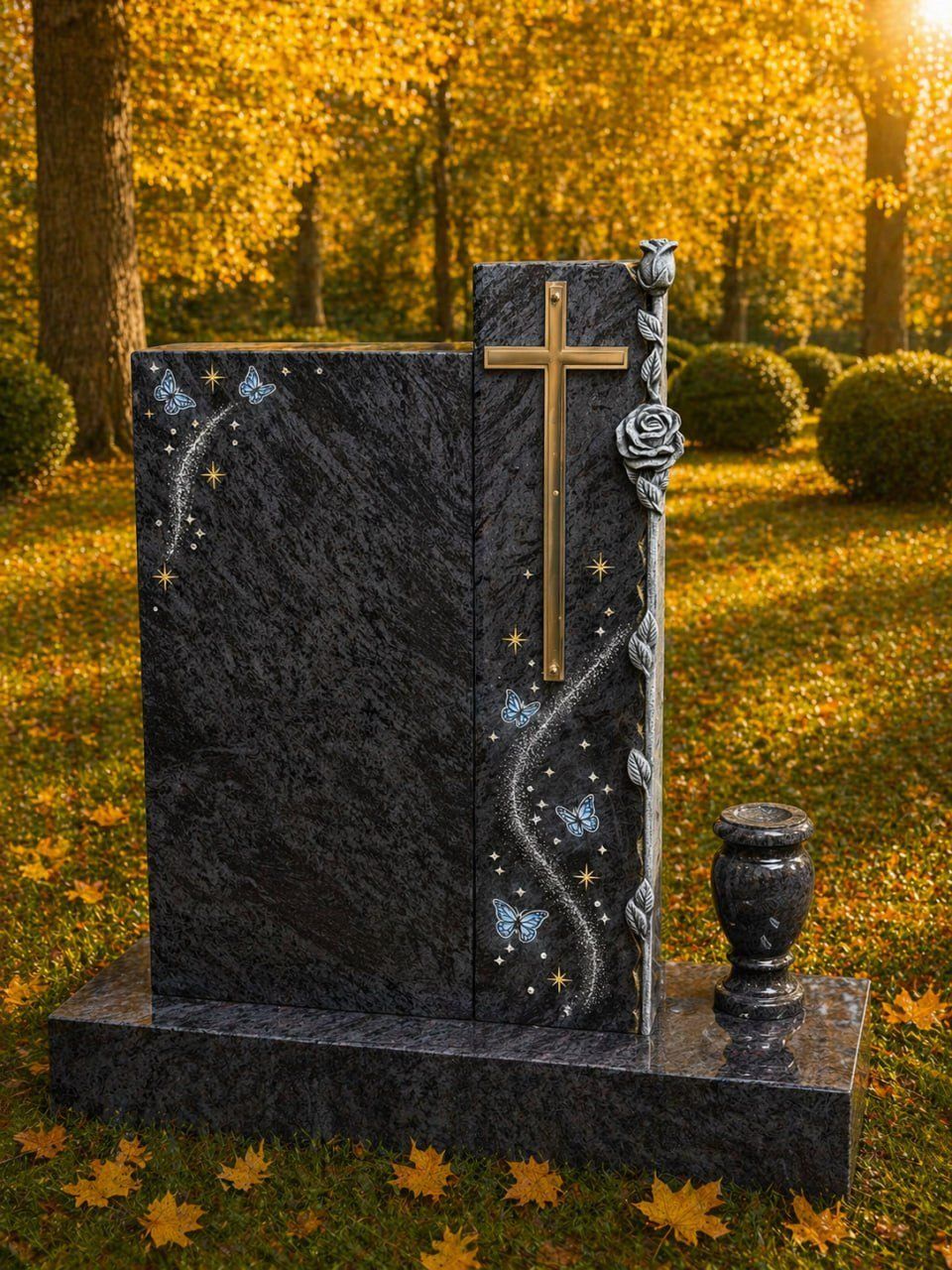 Special Shape Headstone with Cross & Butterfly Design