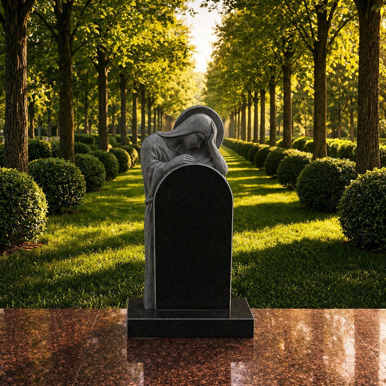 Madonna Memorial Headstone with Dual Vases