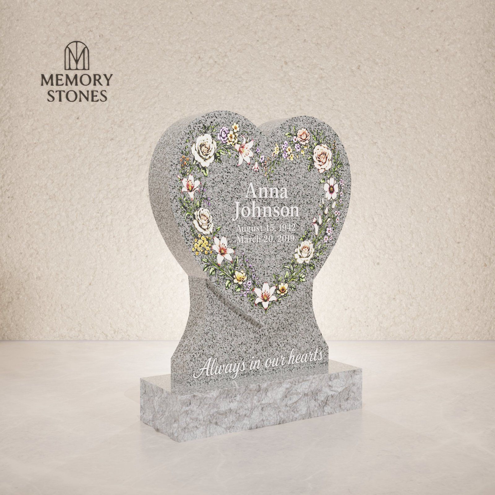 Heart Shape Upright Granite Headstone 16 x 3 x 22