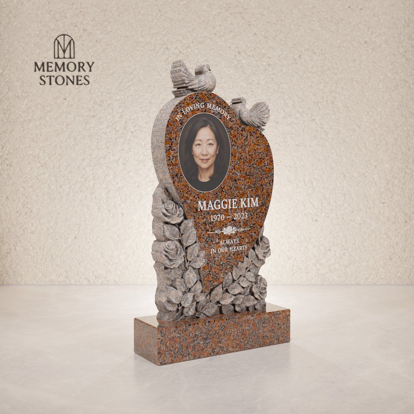 Heart-Shaped Granite Headstone with Roses & Doves