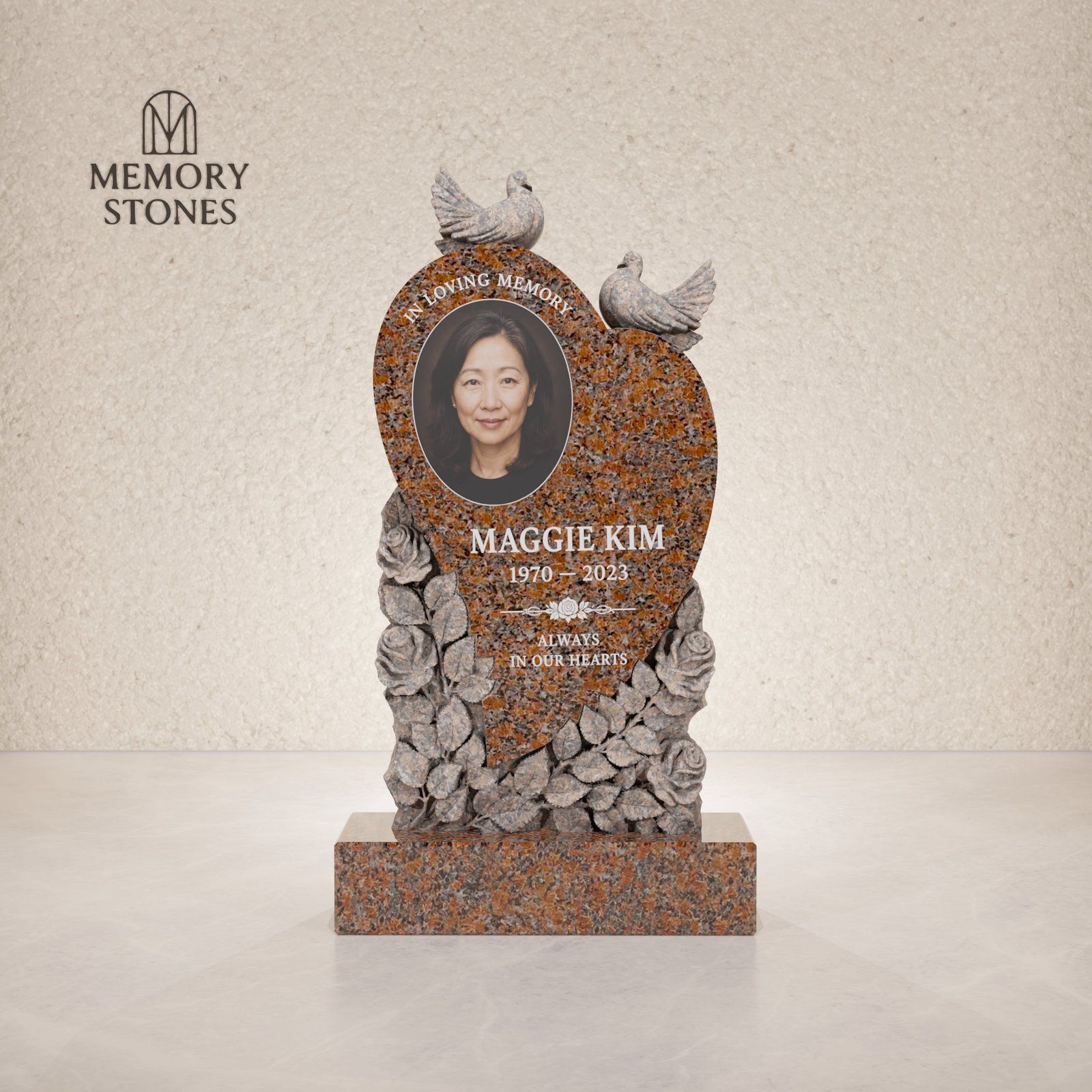 Heart-Shaped Granite Headstone with Roses & Doves view 2